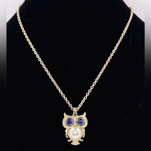 Liz Claiborne Vintage Gold Owl W/Blue Rhinestone Eyes & Faux Pearl Belly